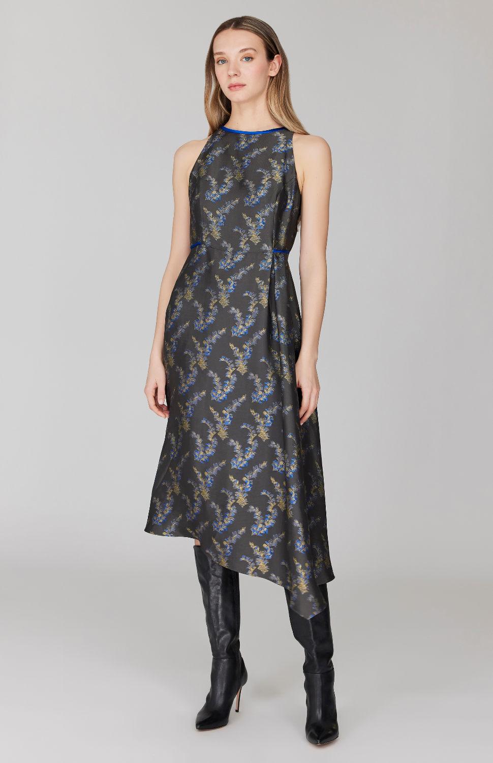Feather Jacquard Asymmetric Fit & Flare Dress 6 / Taupe Multi ZY Feather Jacquard Asymmetric Fit & Flare Dress 6 / Taupe Multi ZY