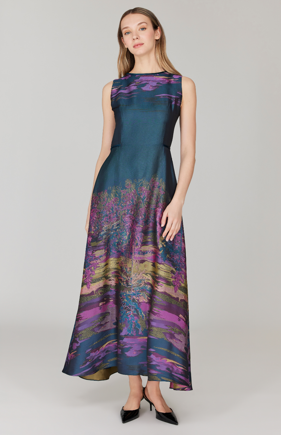 green emerald velvet dress Jacquard Floral Beaded Fit And Flare Midi Dress In Midnight Multi