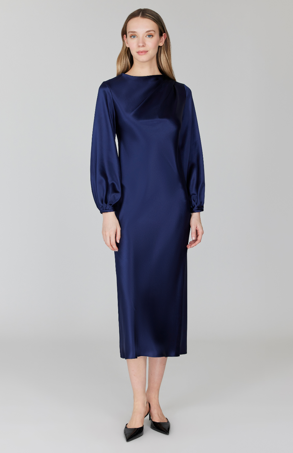 long sleeve bias dress Satin Long Sleeve Bias Dress w/ Asymmetric Pleating 6 / Pearl SAT