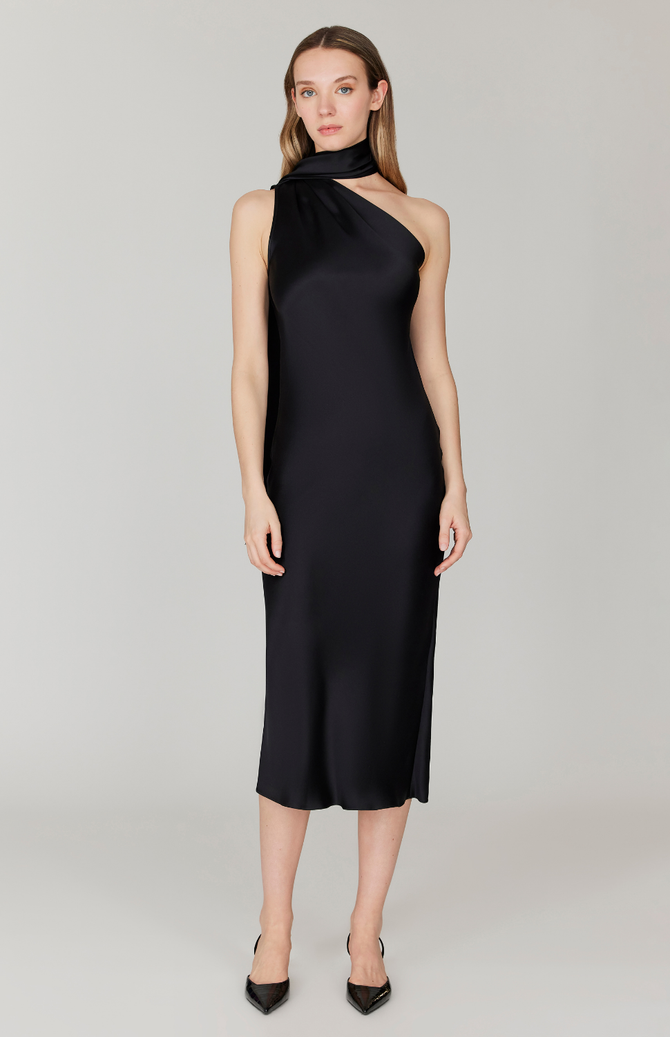 Satin One Shoulder Bias Dress w/ Scarf – Mi Jong Lee