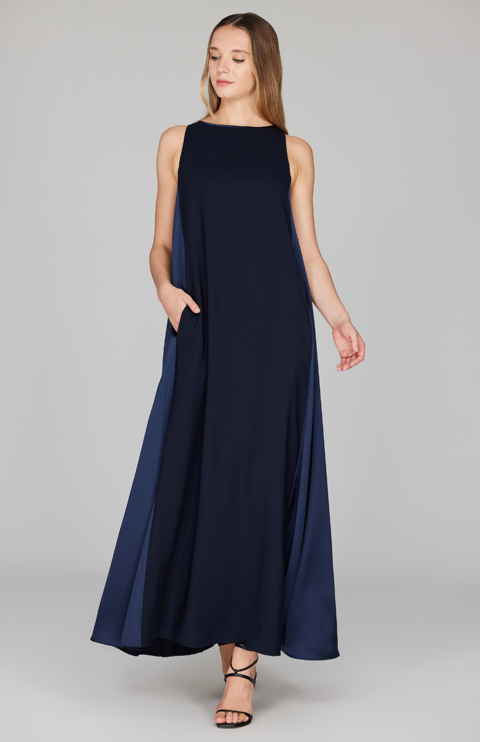 knee length dresses for ladies Pleat Back Trapeze Gown w/ Belt – Mi Jong Lee