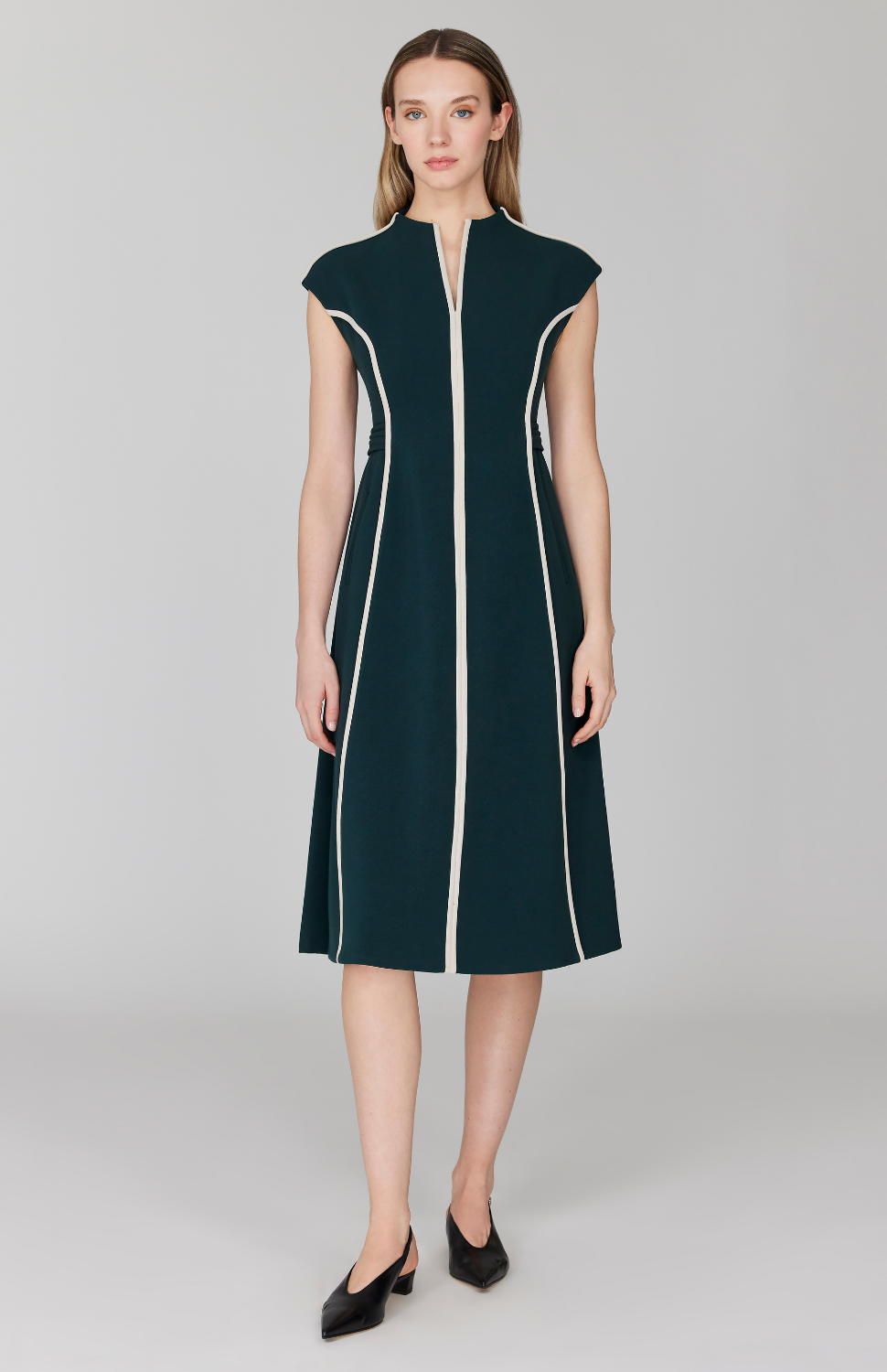Double Face Cap Sleeve Fit & Flare Dress w/Contrast Bias 16 / Stone Black HY