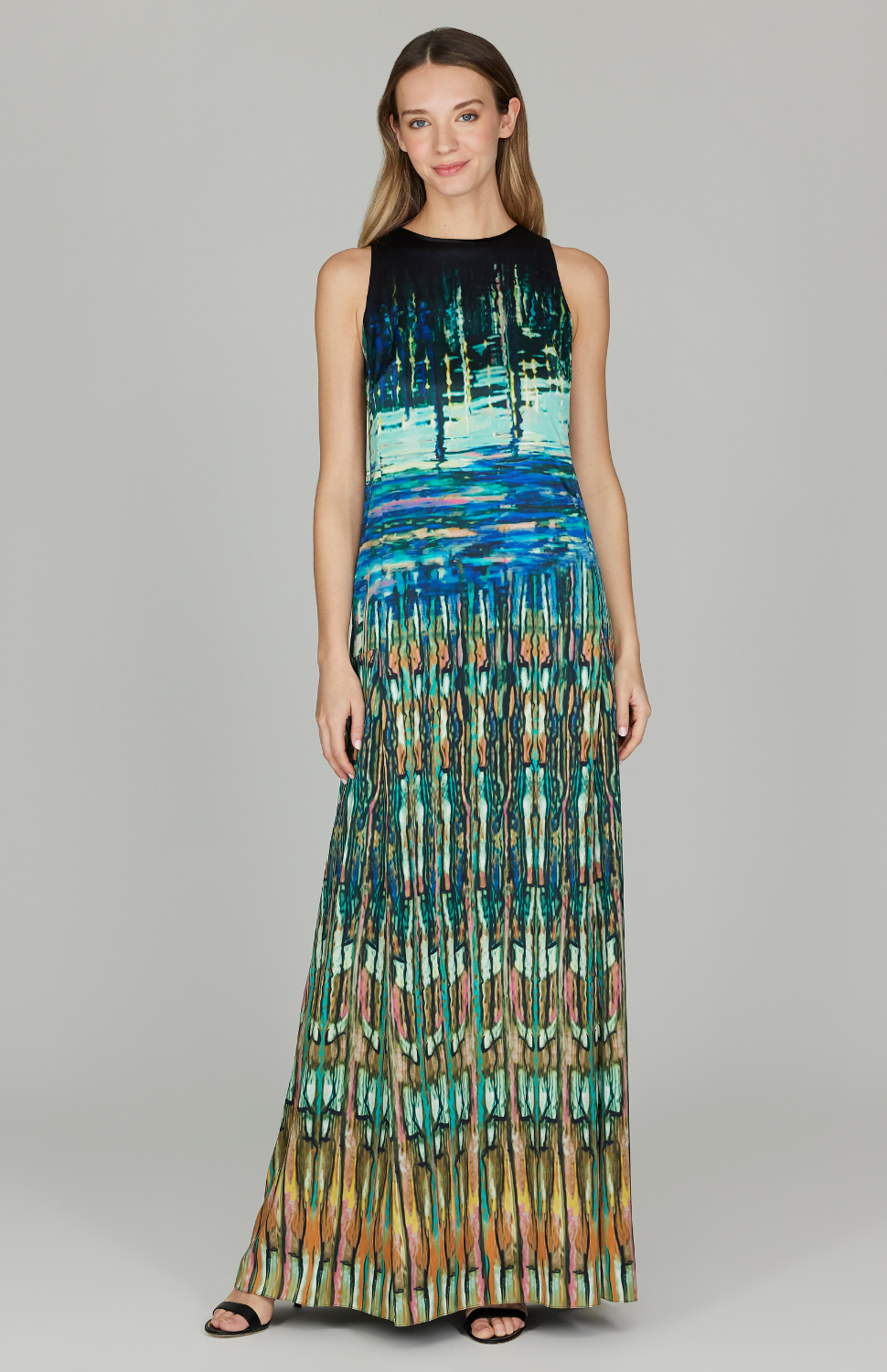 long trapeze dress Water Reflection Gown w/ Back Cascade Detail 2 / Multi WRG button front maxi dress Red Crystal Rhinestone Appliqué Pant Waist Size (Inches):30 Model is wearing Sage
