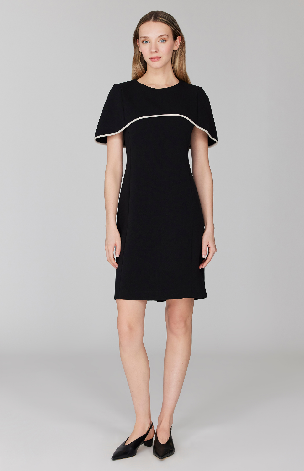 Double Face Fitted Dress w/ Capelet & Contrast Bias  Mi Jong Lee