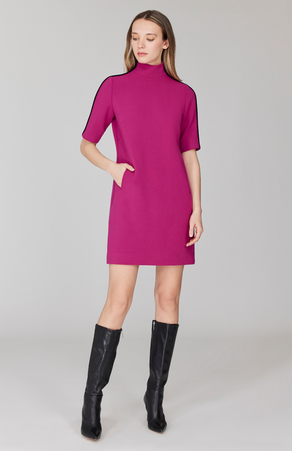 Double Face Turtleneck Shift Dress w/Contrast Bias – Mi Jong Lee
