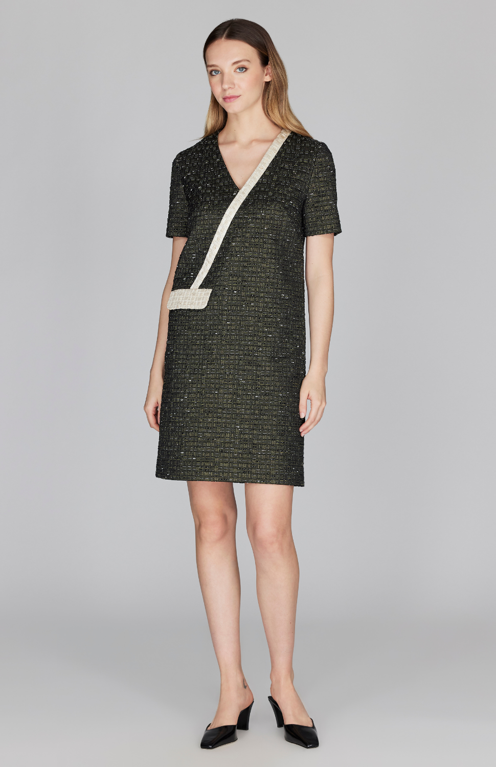 knee length dresses for ladies Metallic Tweed Color Blocked Short Sleeve Shift Dress