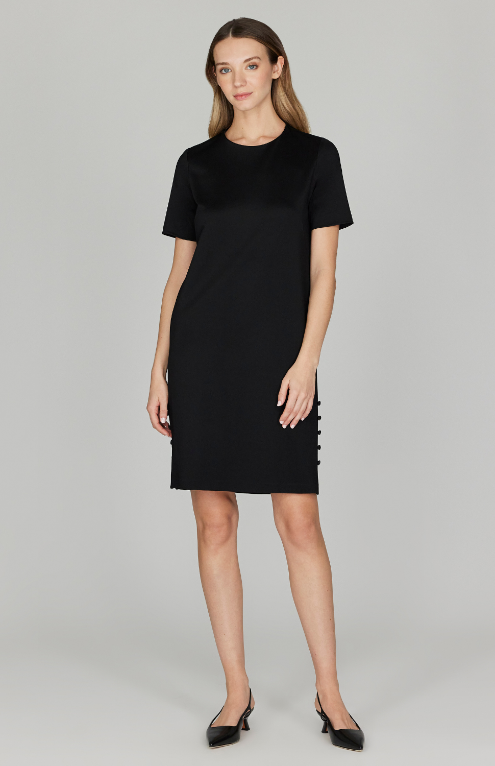 Matte Jersey Shift Dress w/ Side Slit Buttons Mi Jong Lee Matte Jersey Shift Dress w/ Side Slit Buttons Mi Jong Lee