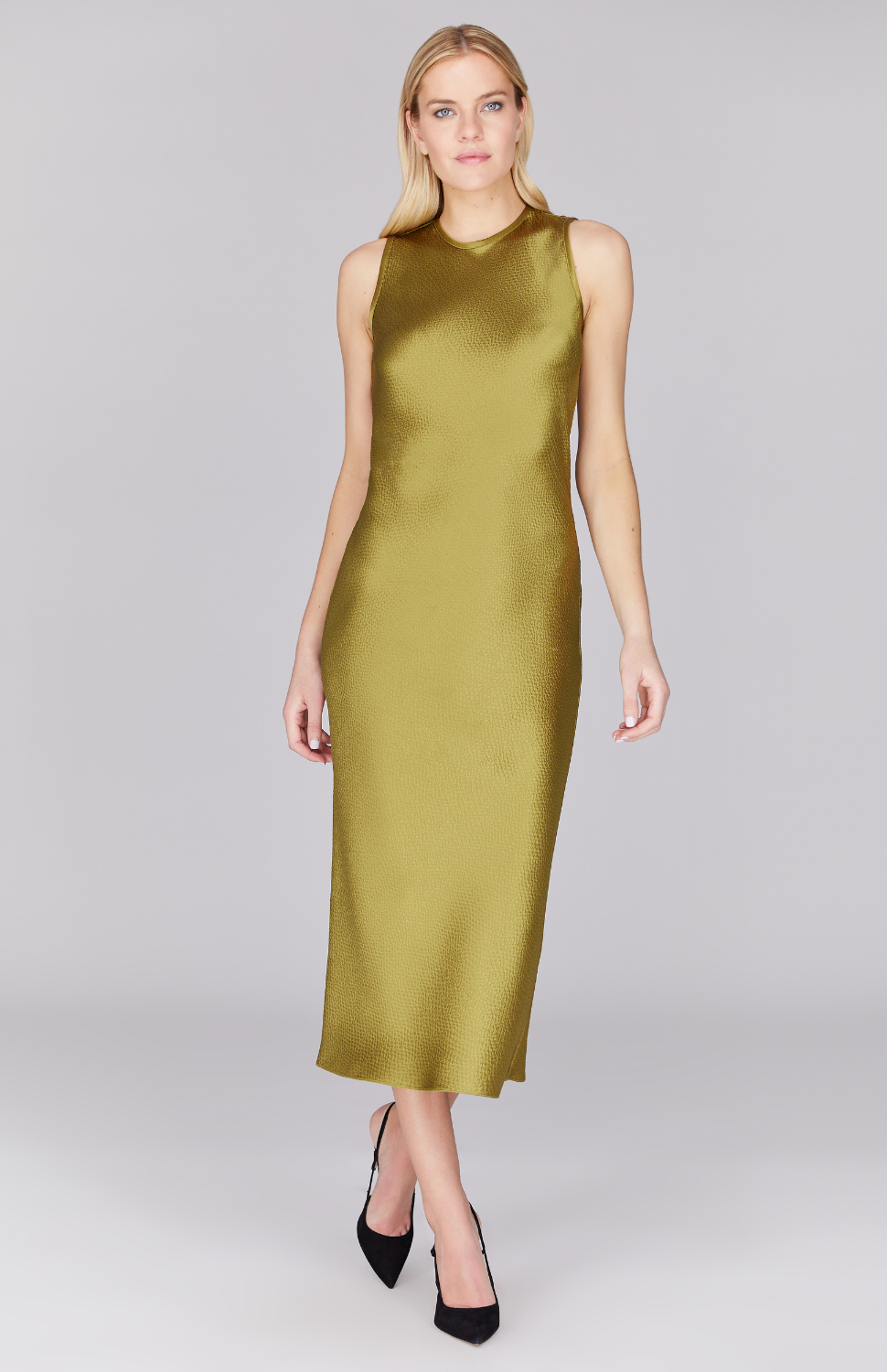 Hammered Satin Crew Neck Bias Dress