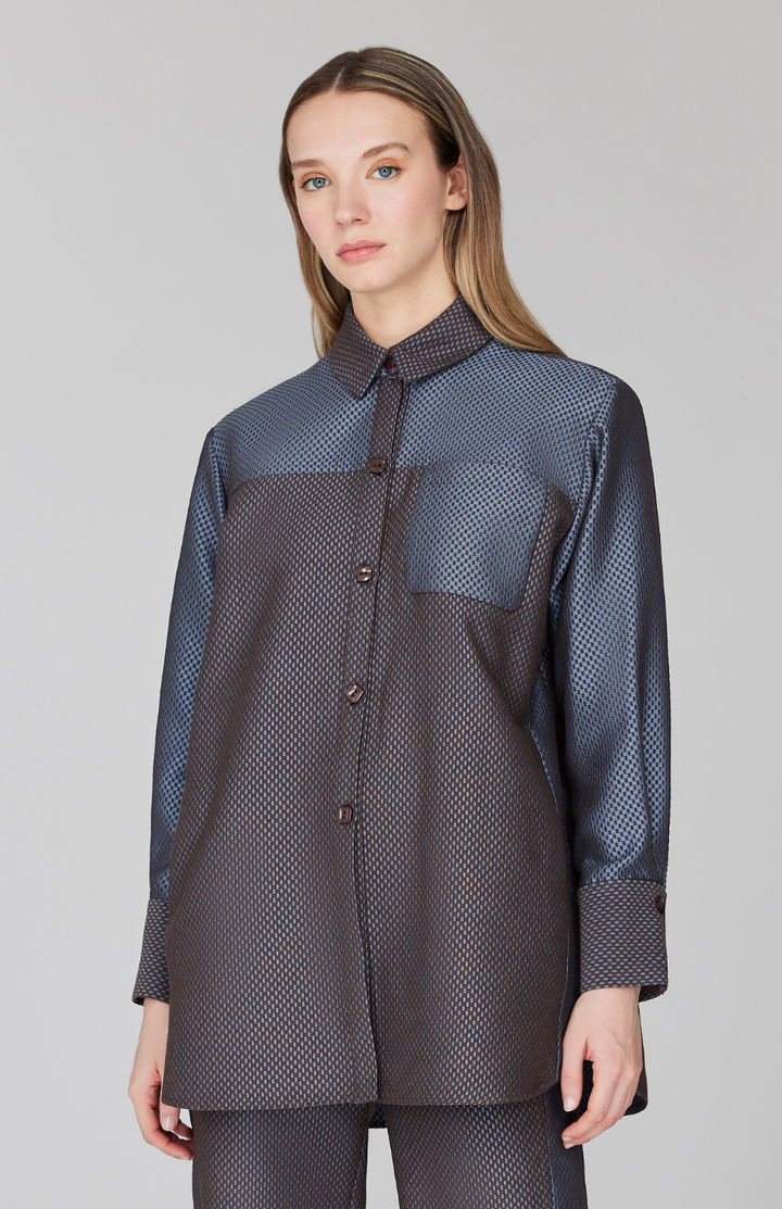 Double Face Check Jacquard Color Block Boyfriend Shirt