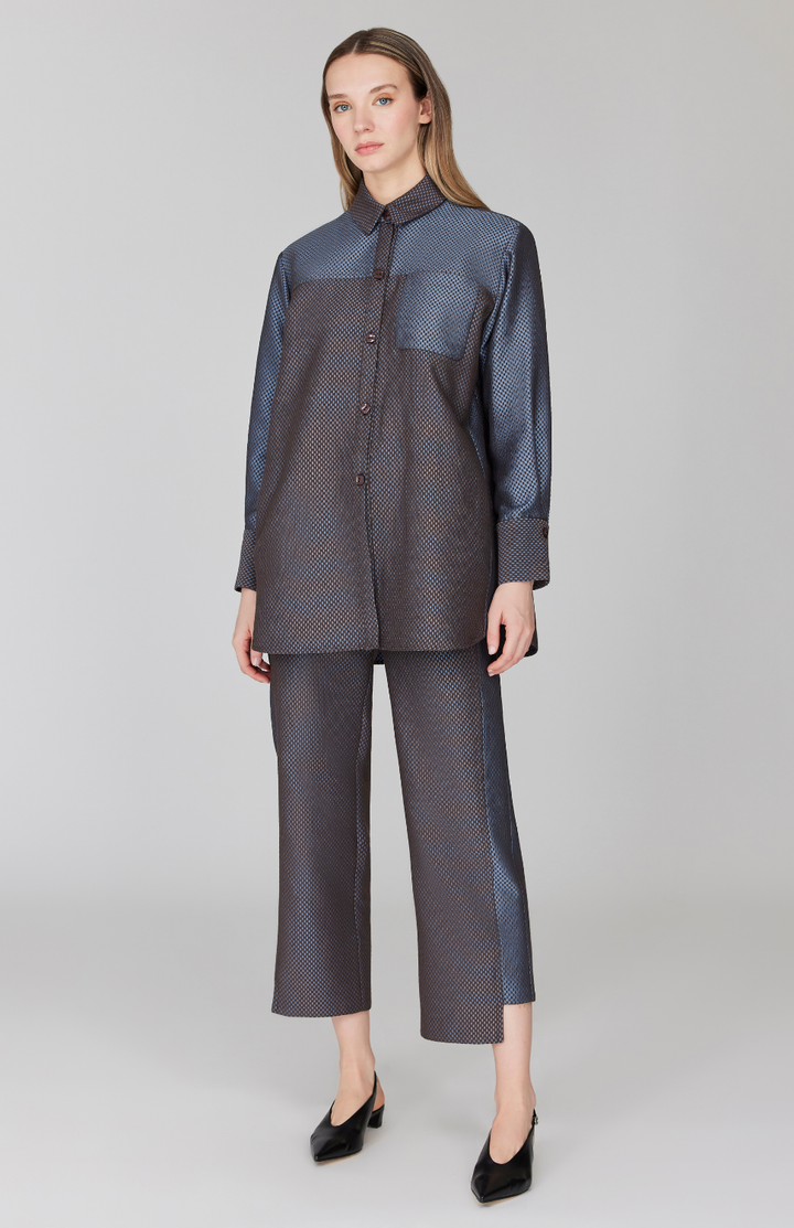 Double Face Check Jacquard Straight Pant w/ Step Hem