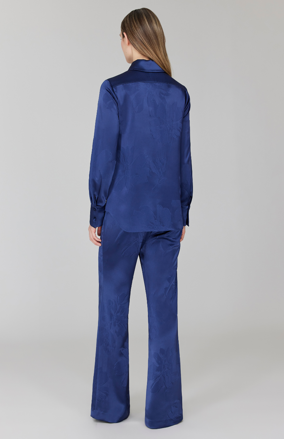 Embossed Floral Satin Collared Shirt w/ Side Slits