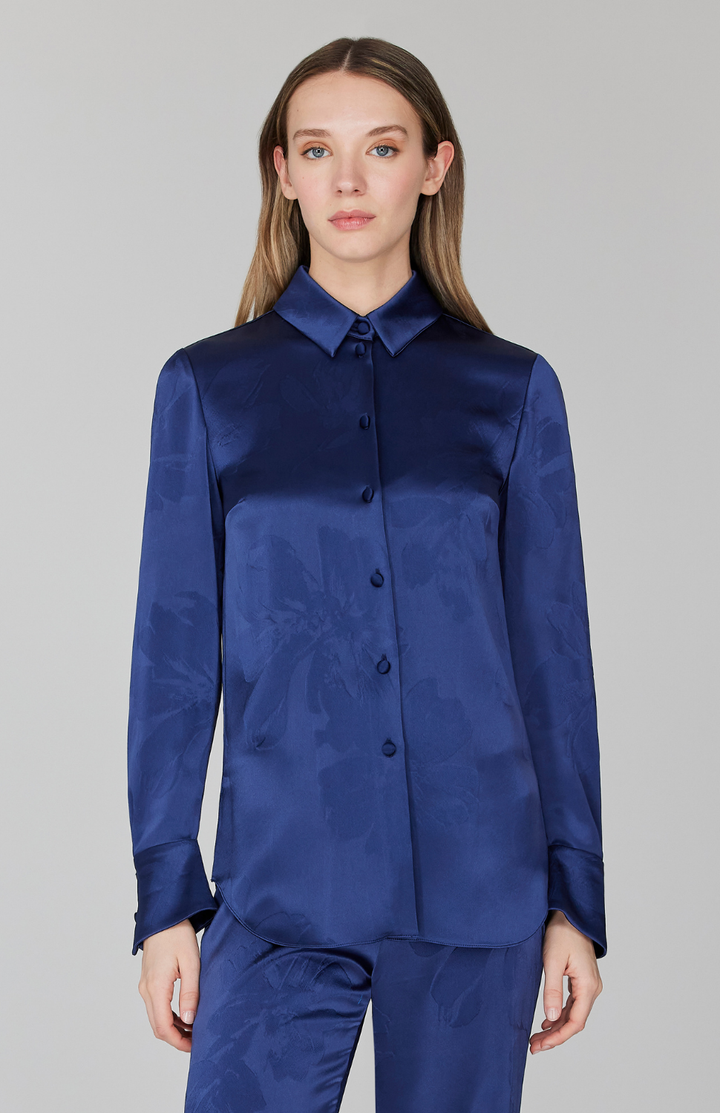 Embossed Floral Satin Collared Shirt w/ Side Slits