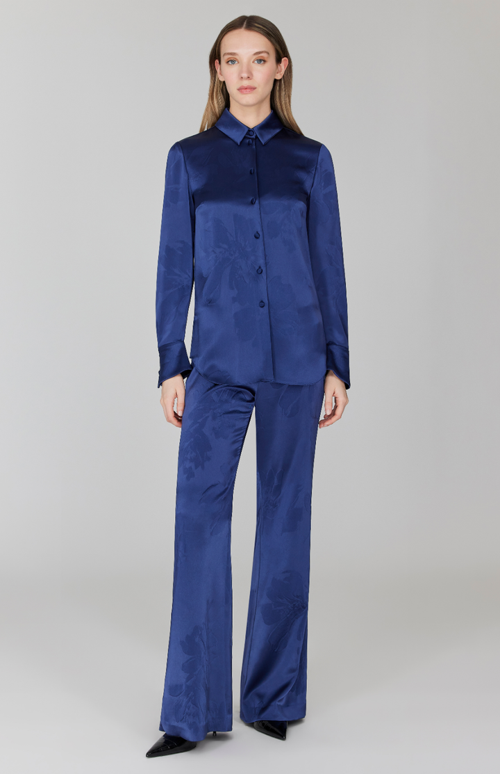 Embossed Floral Satin Flare Pant w/ Back Zip