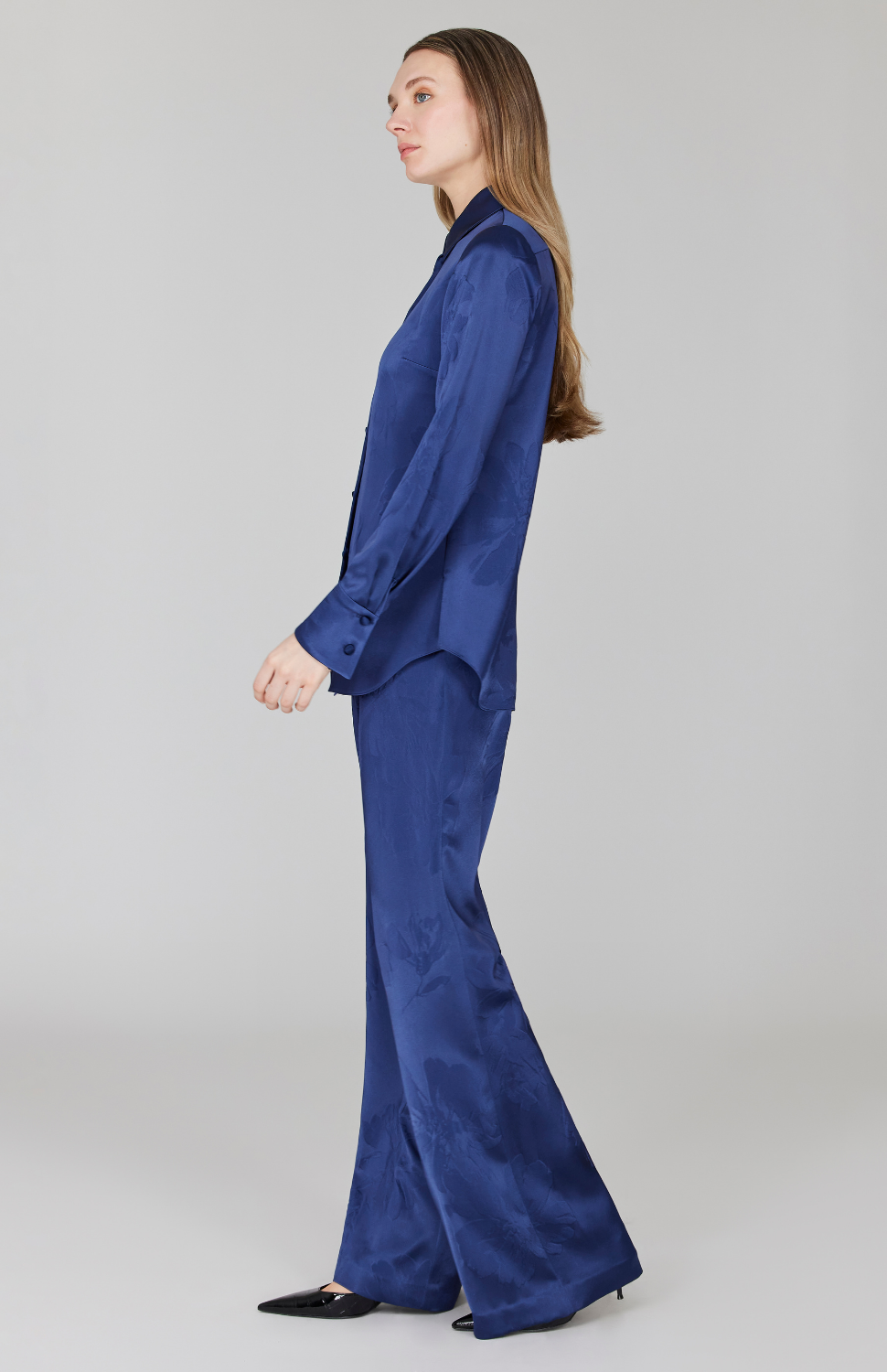 Embossed Floral Satin Collared Shirt w/ Side Slits