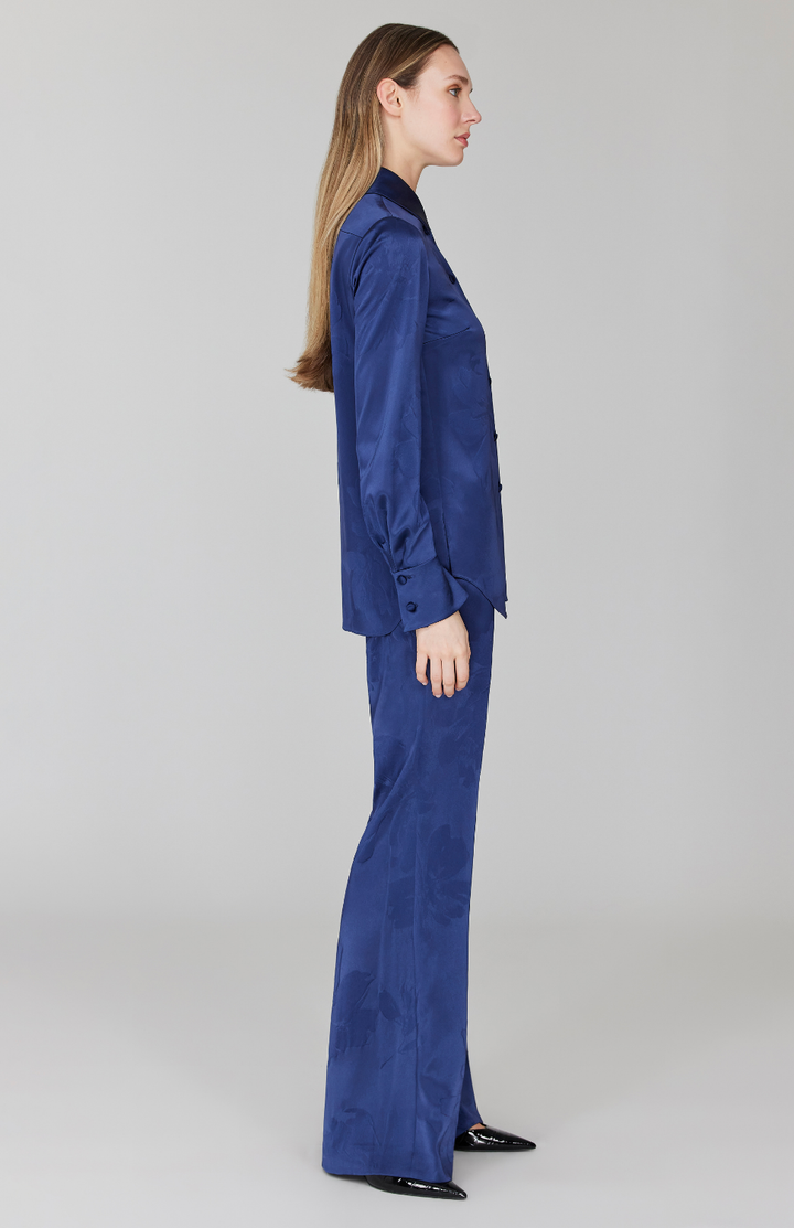 Embossed Floral Satin Flare Pant w/ Back Zip