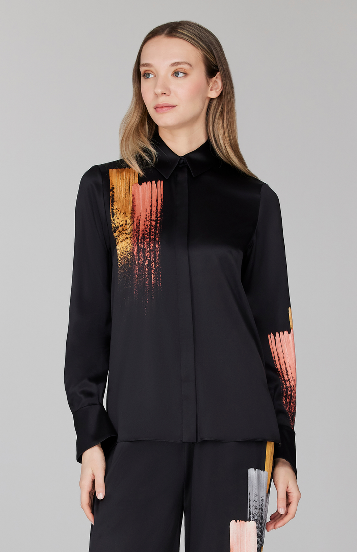 Brush Stroke Print Collared Blouse w/ Relaxed Sleeve