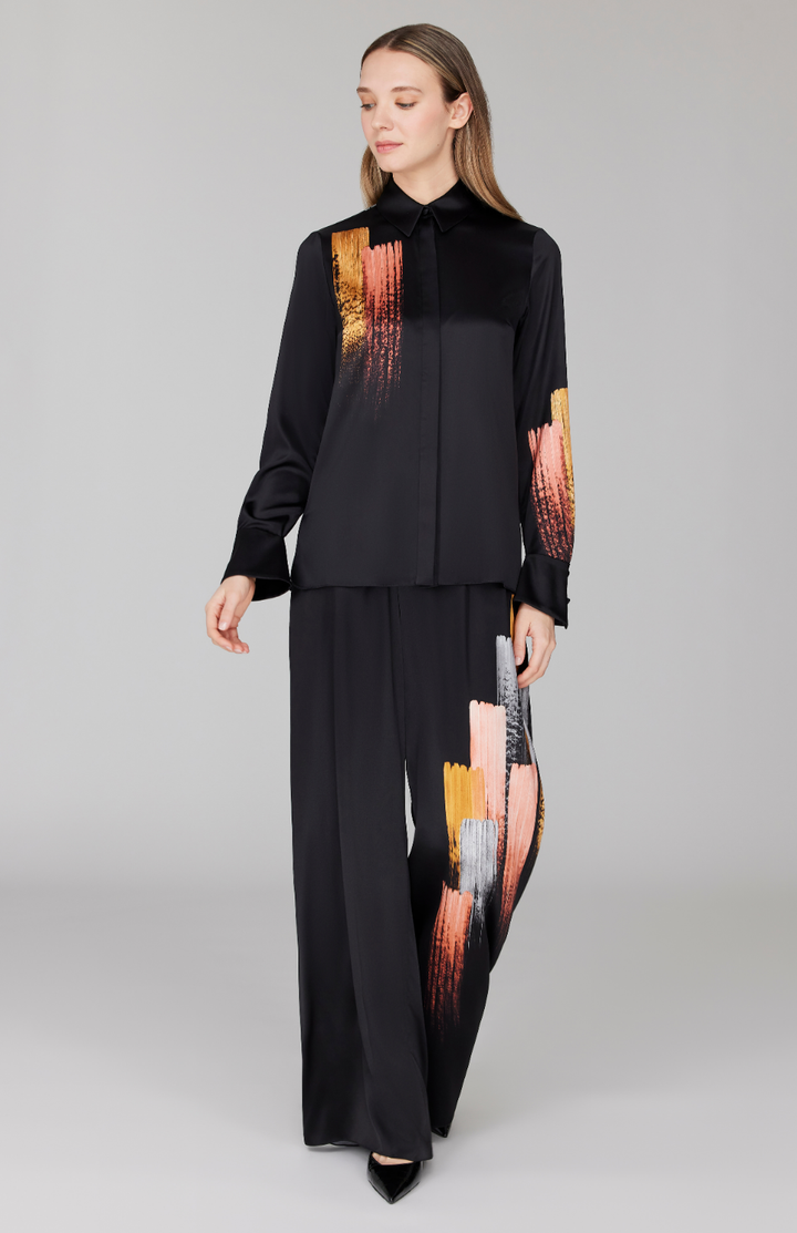 Brush Stroke Print Collared Blouse w/ Relaxed Sleeve