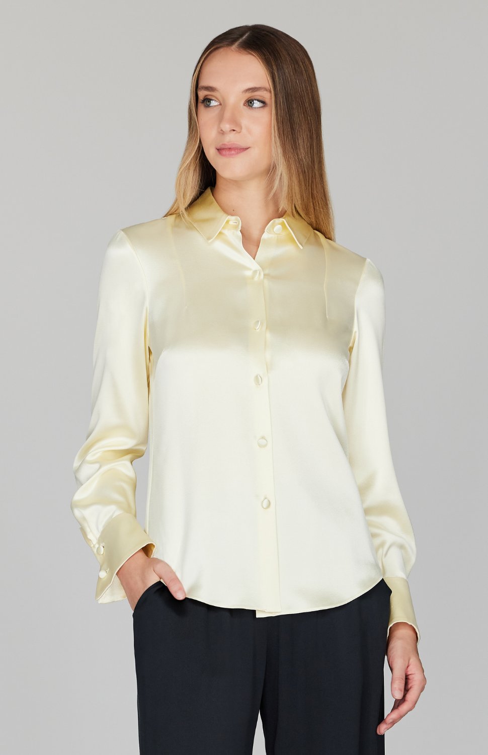 Satin Button Down Collared Shirt w/Relaxed Sleeve