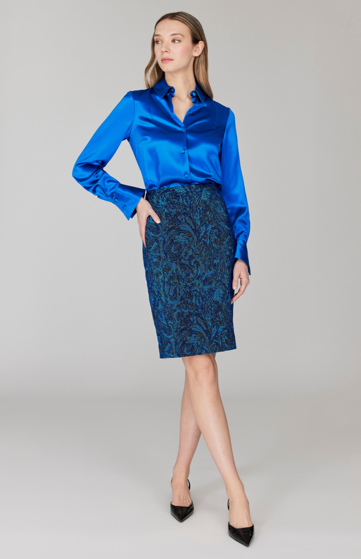 Paisley Stretch Jacquard Narrow Skirt w/ Back Kick Pleat