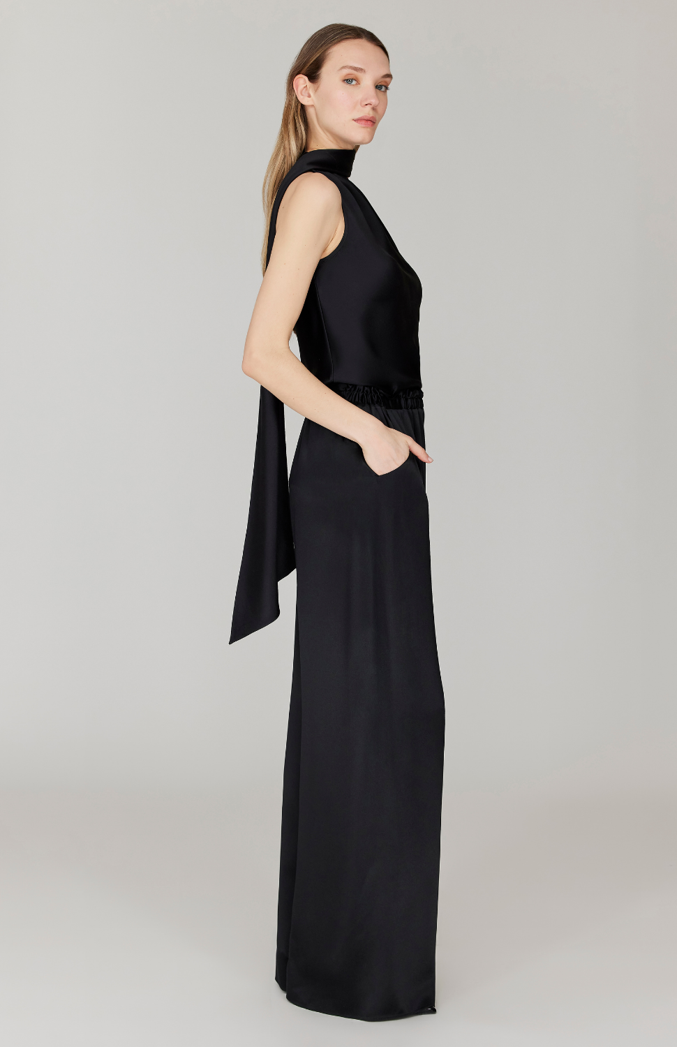 Satin One Shoulder Bias Top w/ Scarf