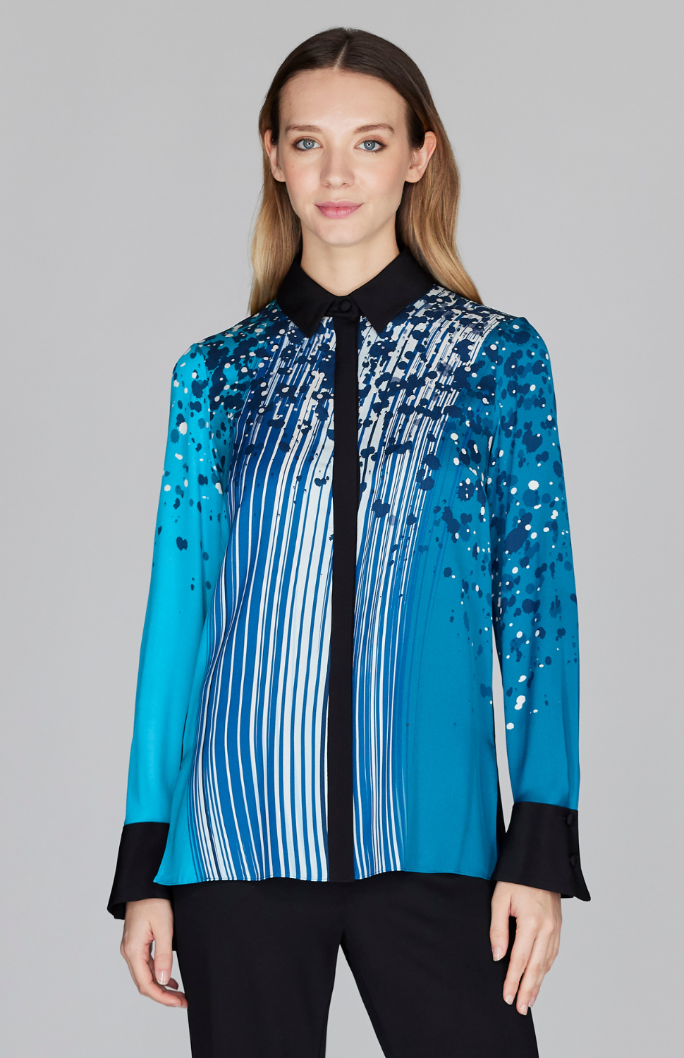 Waterfall Print Collared Blouse w/ Relaxed Sleeve