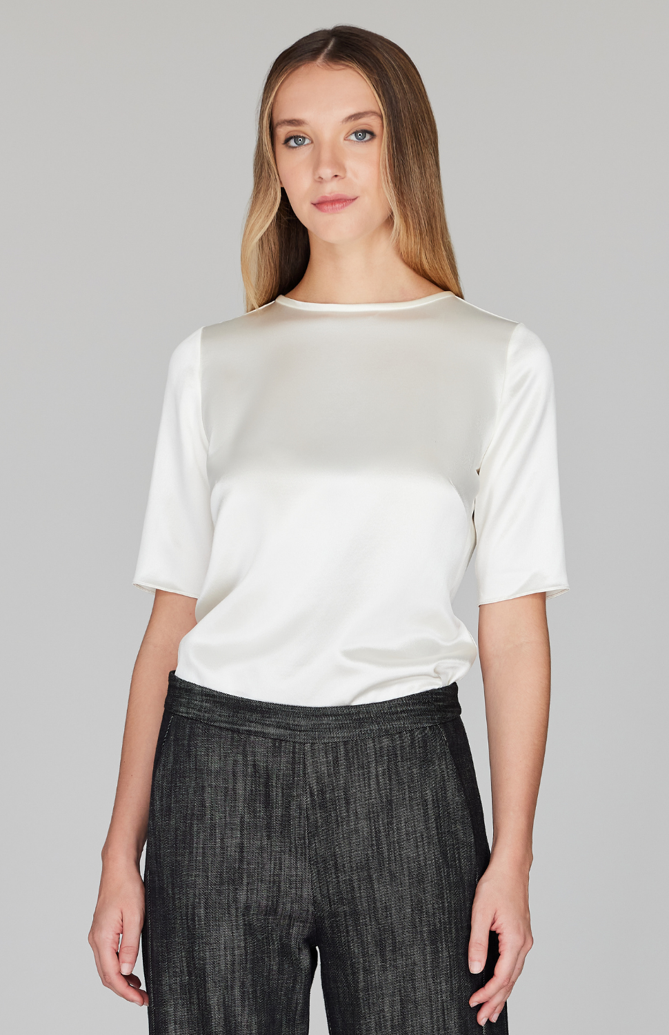 white satin short sleeve blouse
