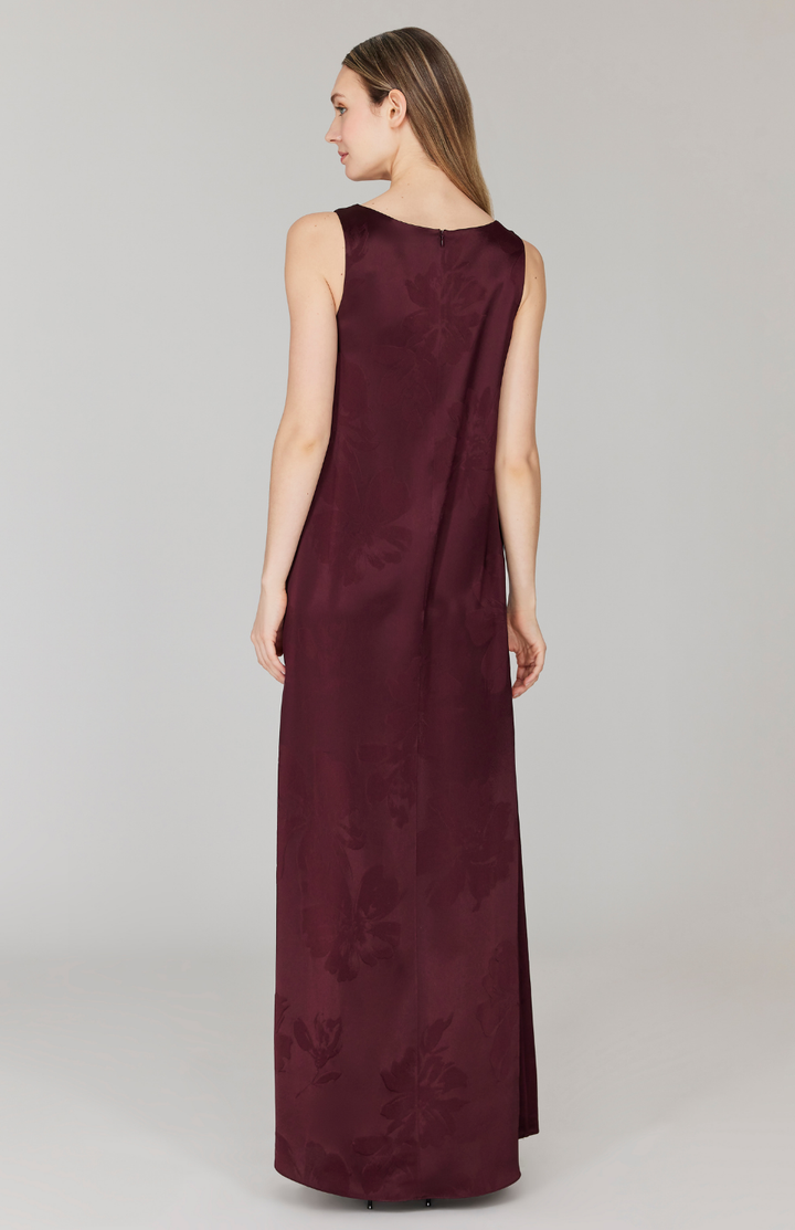 Embossed Floral Satin Drape Front Trapeze Gown