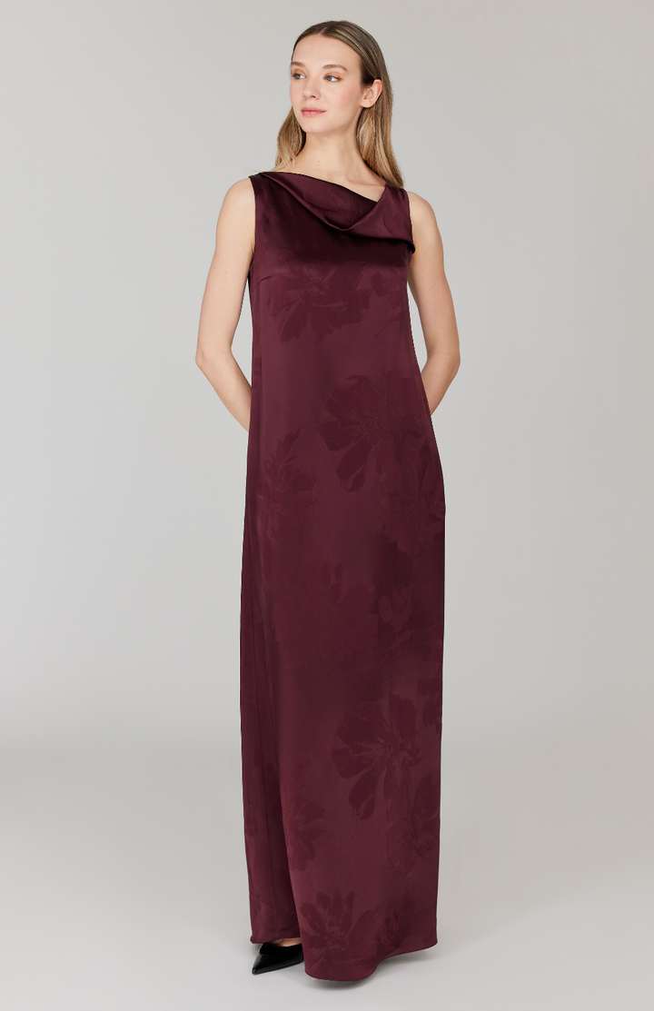 Embossed Floral Satin Drape Front Trapeze Gown
