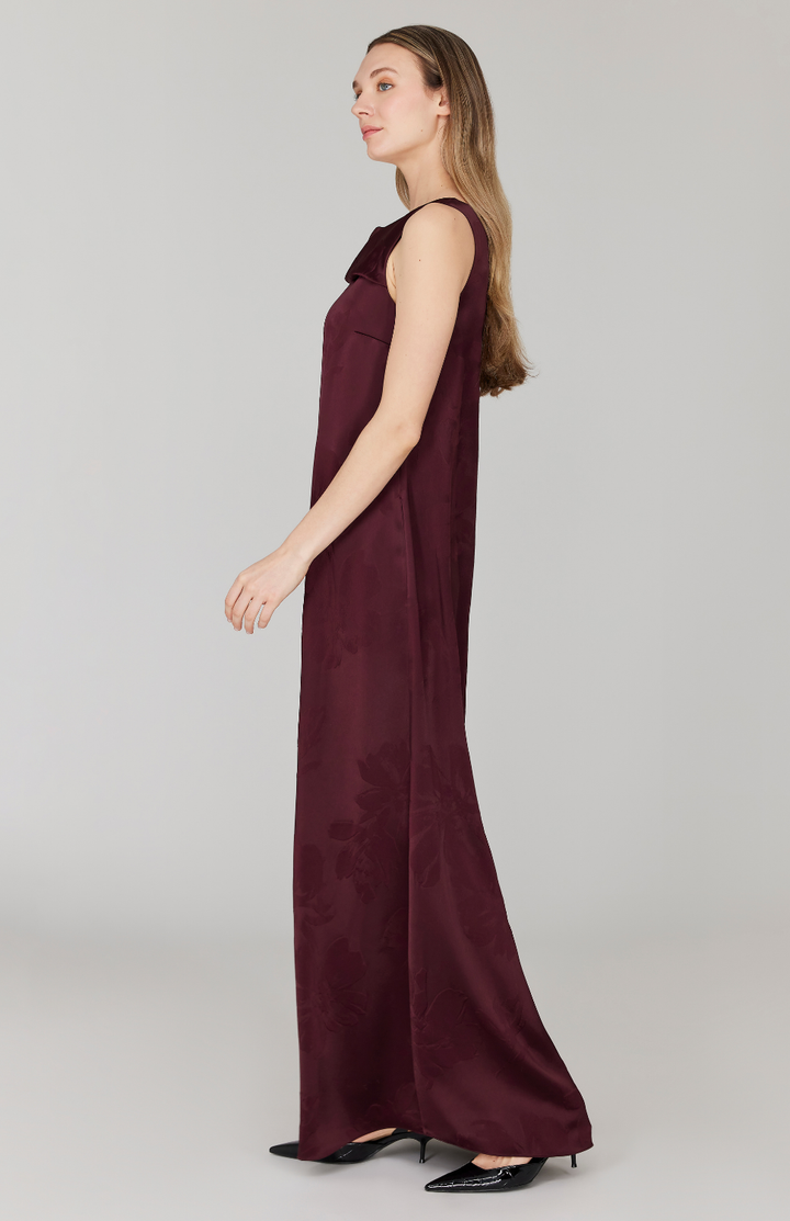 Embossed Floral Satin Drape Front Trapeze Gown
