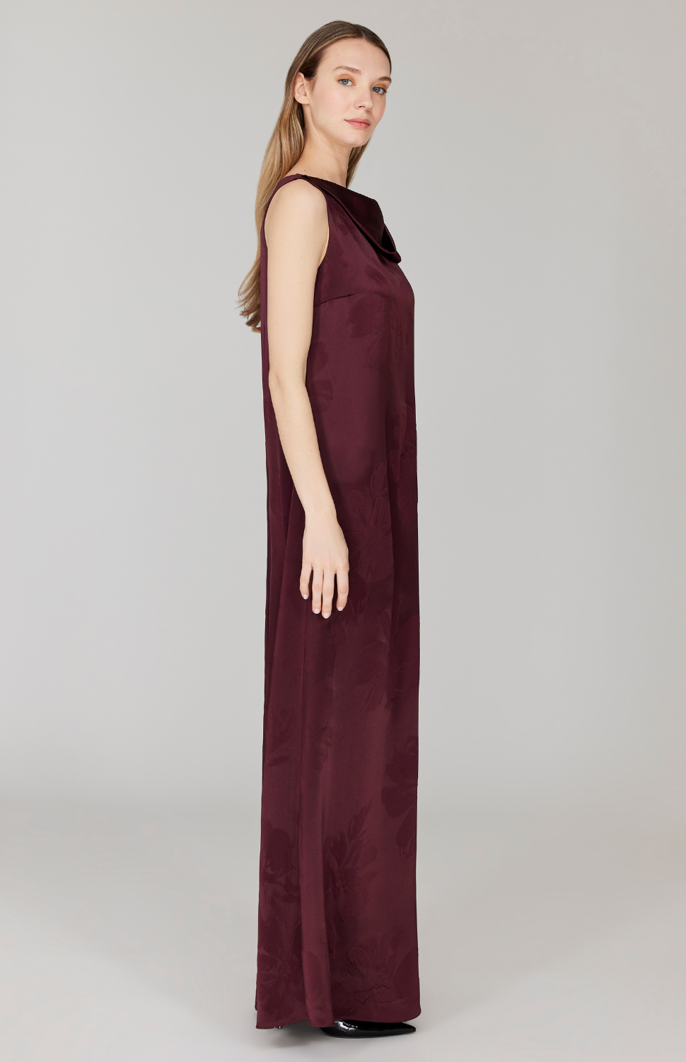 Embossed Floral Satin Drape Front Trapeze Gown
