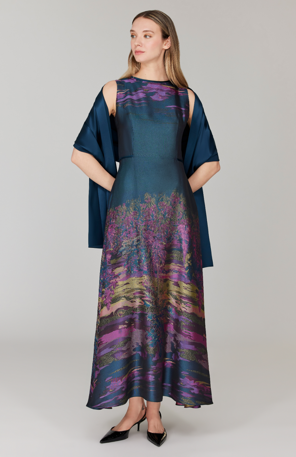 Dusk Landscape Jacquard Sleeveless Fit & Flare Gown