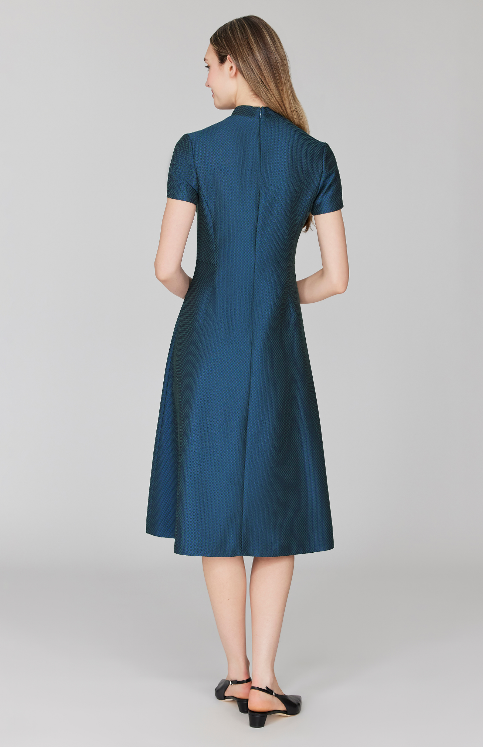 Double Face Check Jacquard High Neck Fit & Flare Dress