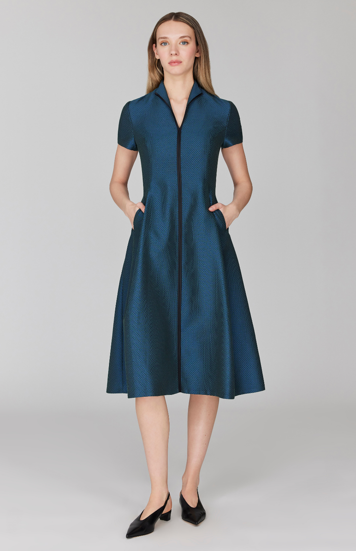 Double Face Check Jacquard High Neck Fit & Flare Dress