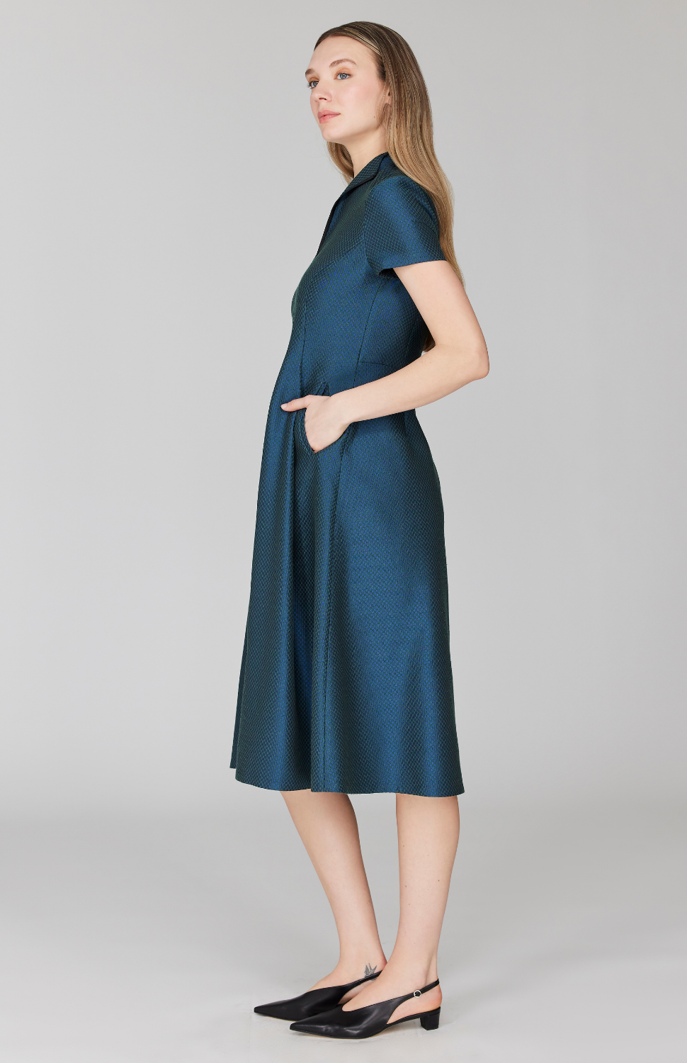 Double Face Check Jacquard High Neck Fit & Flare Dress