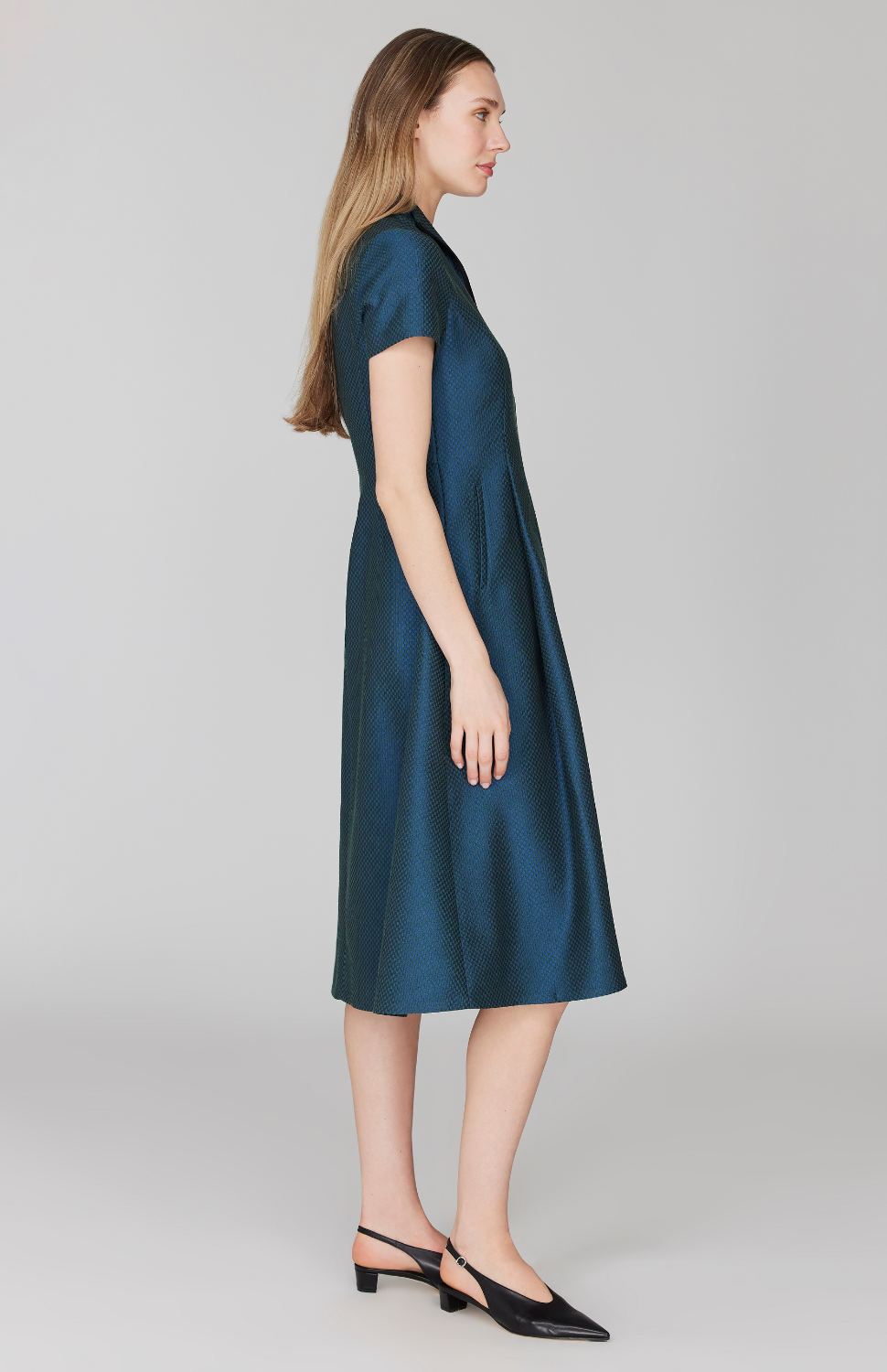 Double Face Check Jacquard High Neck Fit & Flare Dress