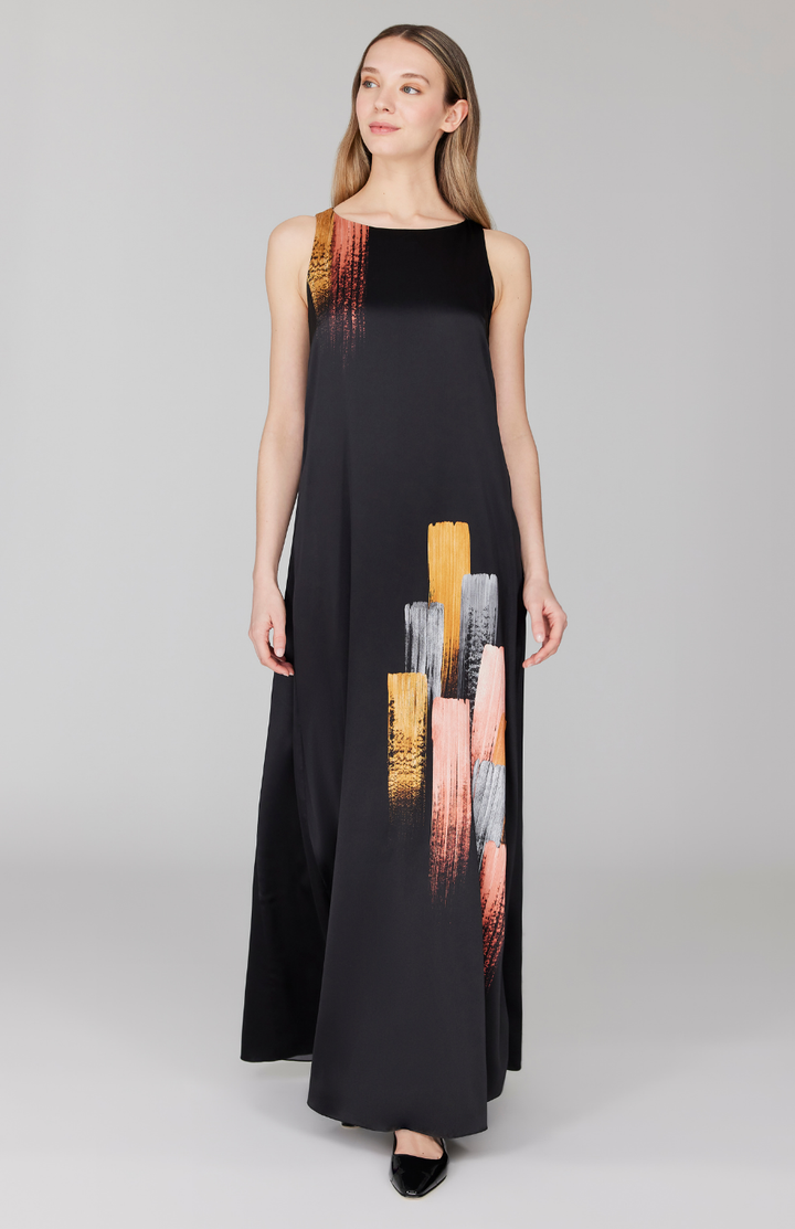 Brush Stroke Print Sleeveless Trapeze Gown