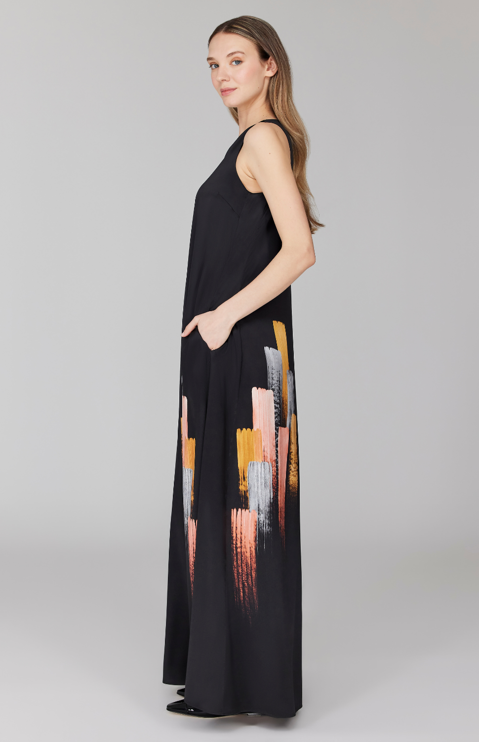 Brush Stroke Print Sleeveless Trapeze Gown