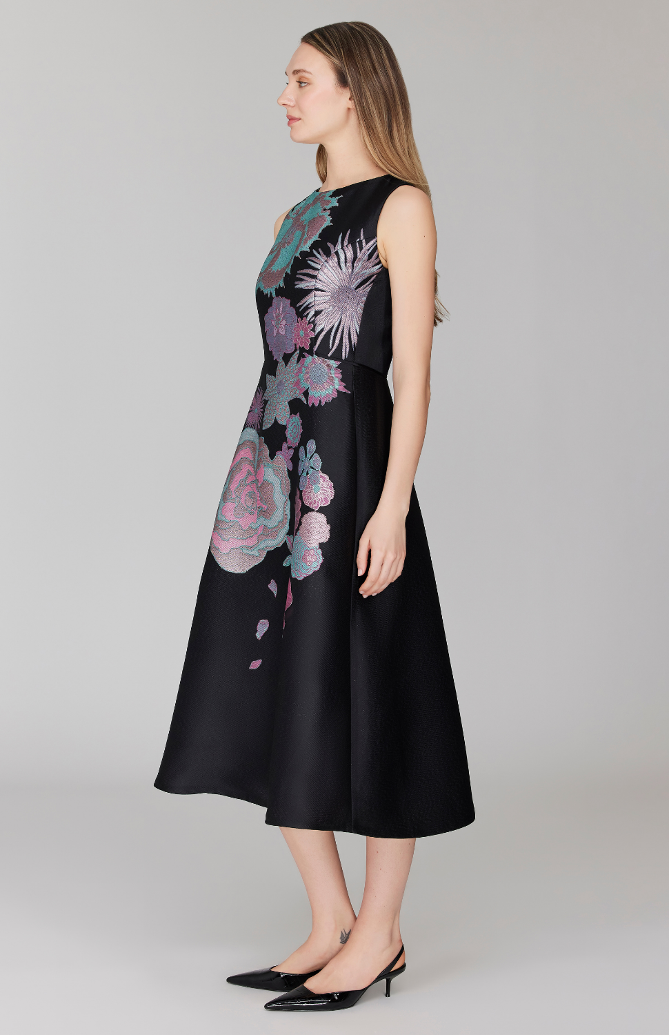 Metallic Scattered Flora Sleeveless Fit & Flare Dress