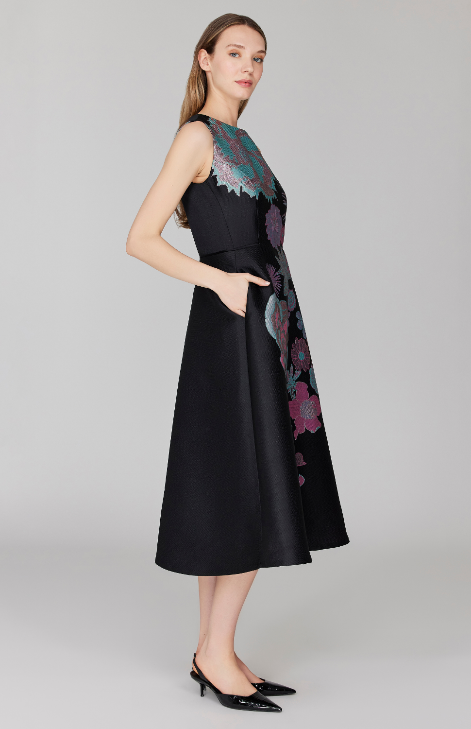 Metallic Scattered Flora Sleeveless Fit & Flare Dress