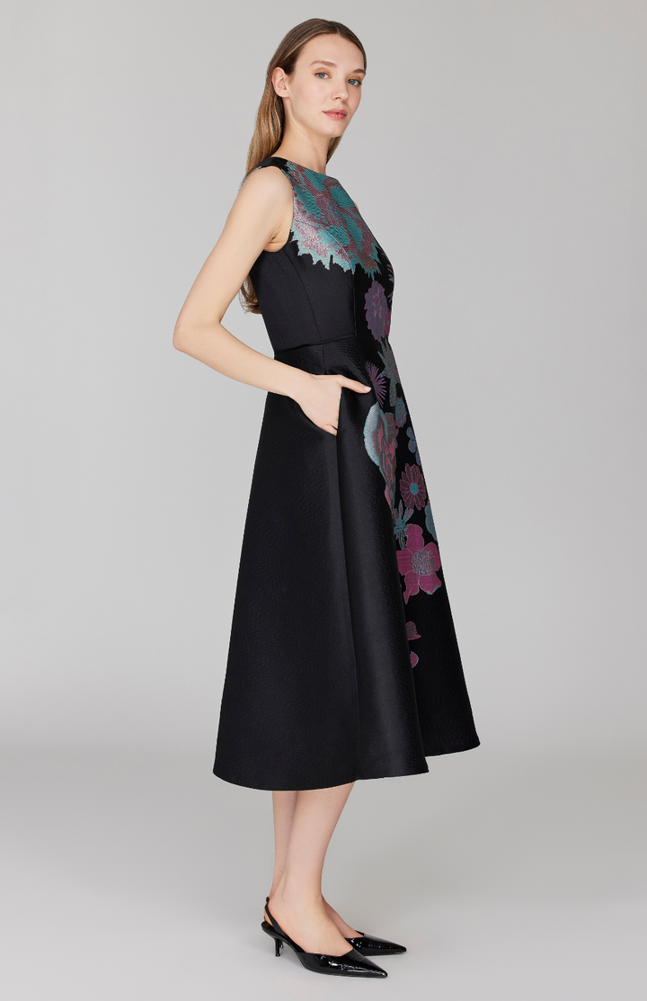 Metallic Scattered Flora Sleeveless Fit & Flare Dress