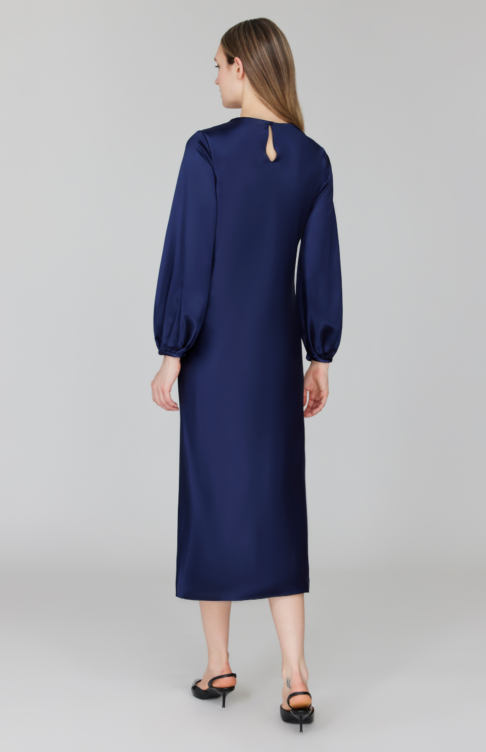 Satin Long Sleeve Bias Dress w/ Asymmetric Pleating