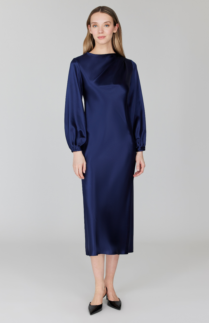 Satin Long Sleeve Bias Dress w/ Asymmetric Pleating