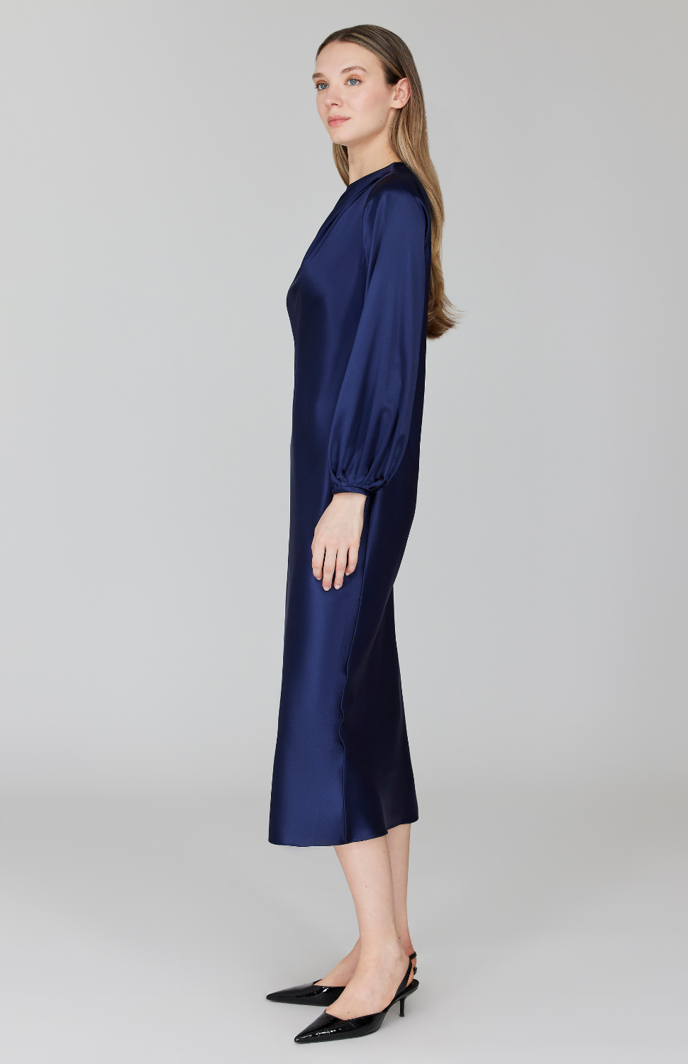 Satin Long Sleeve Bias Dress w/ Asymmetric Pleating