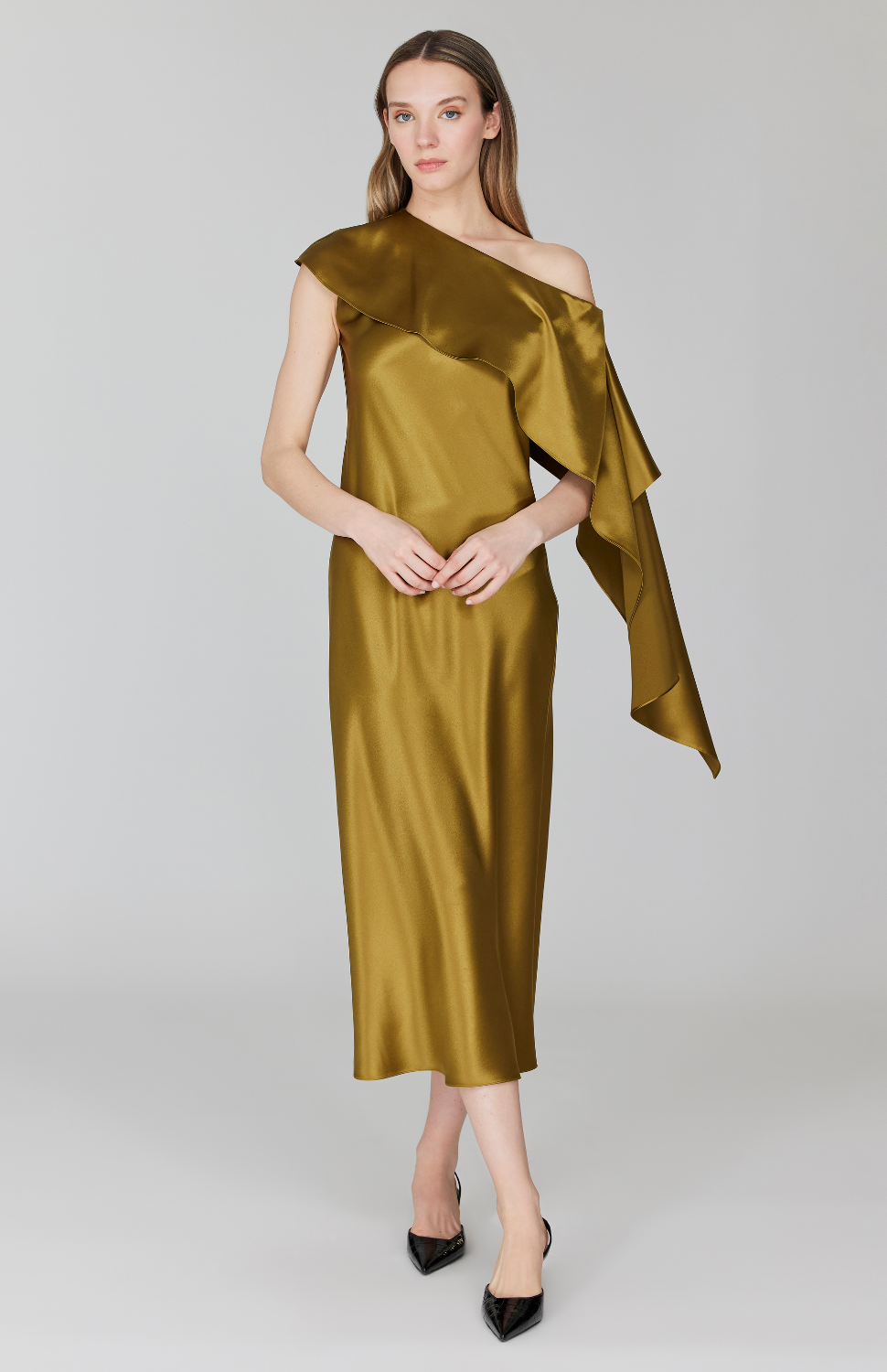 Satin Asymmetric Off The Shoulder Bias Dress 10 / Black SAT