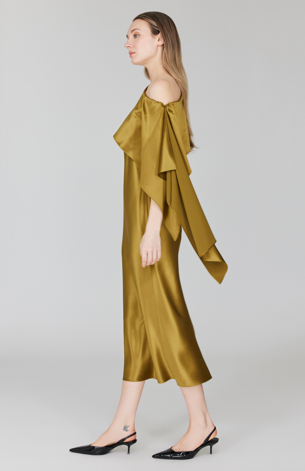 Satin Asymmetric Off The Shoulder Bias Dress