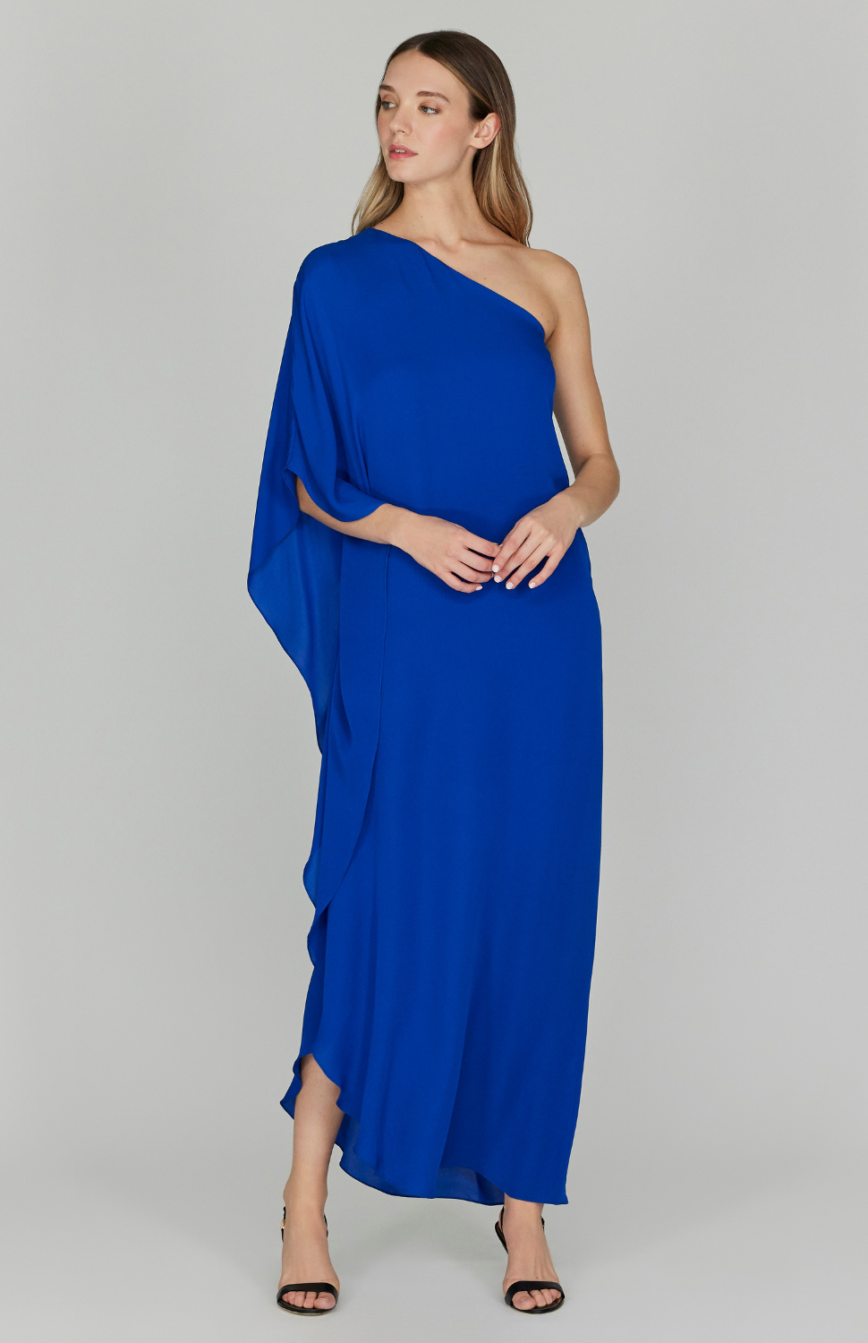 cascade silk maxi dress Silk Georgette One Shoulder Cascade Gown 10 / Persian Blue GO