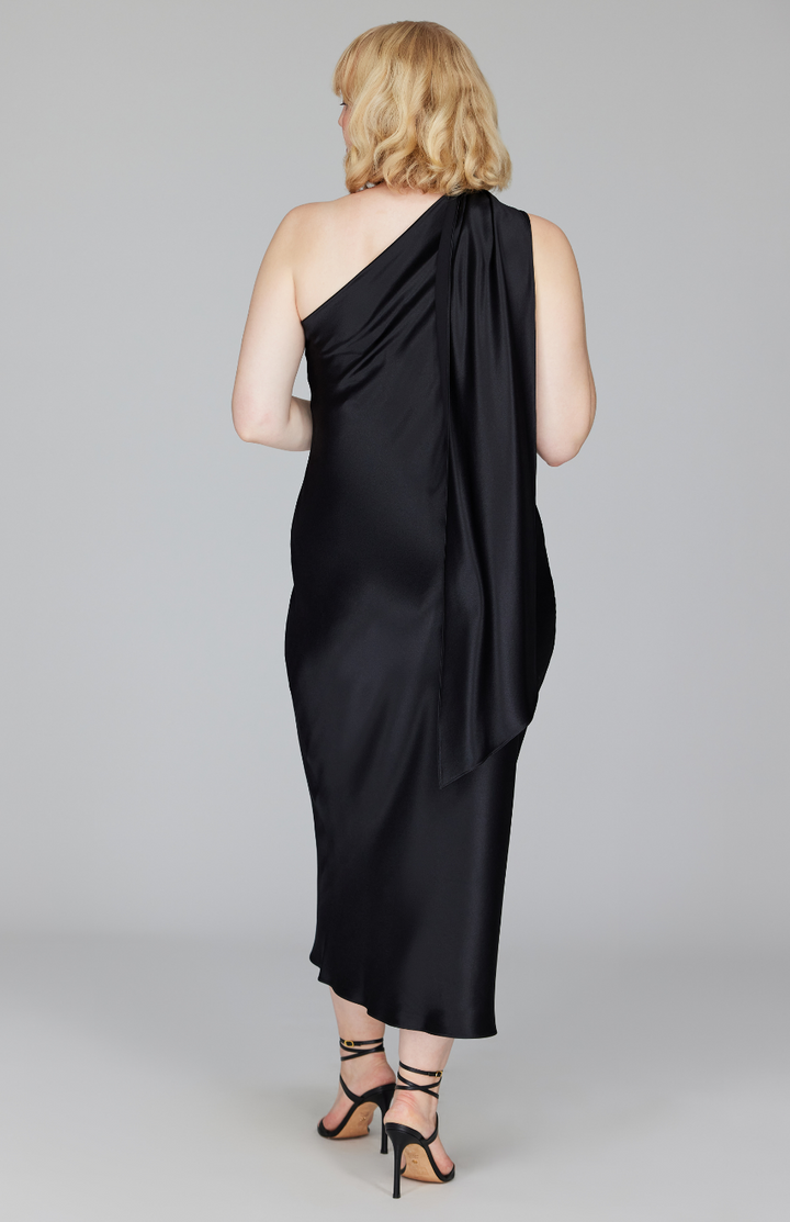 Satin One Shoulder Bias Dress w/ Scarf