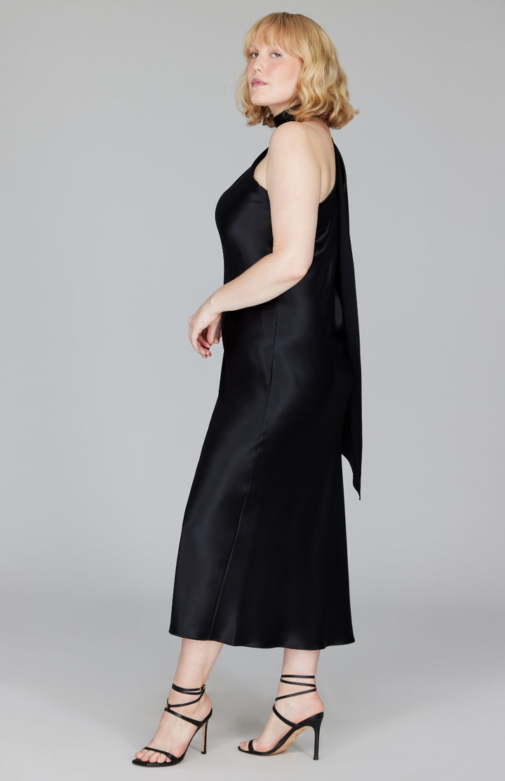 Satin One Shoulder Bias Dress w/ Scarf