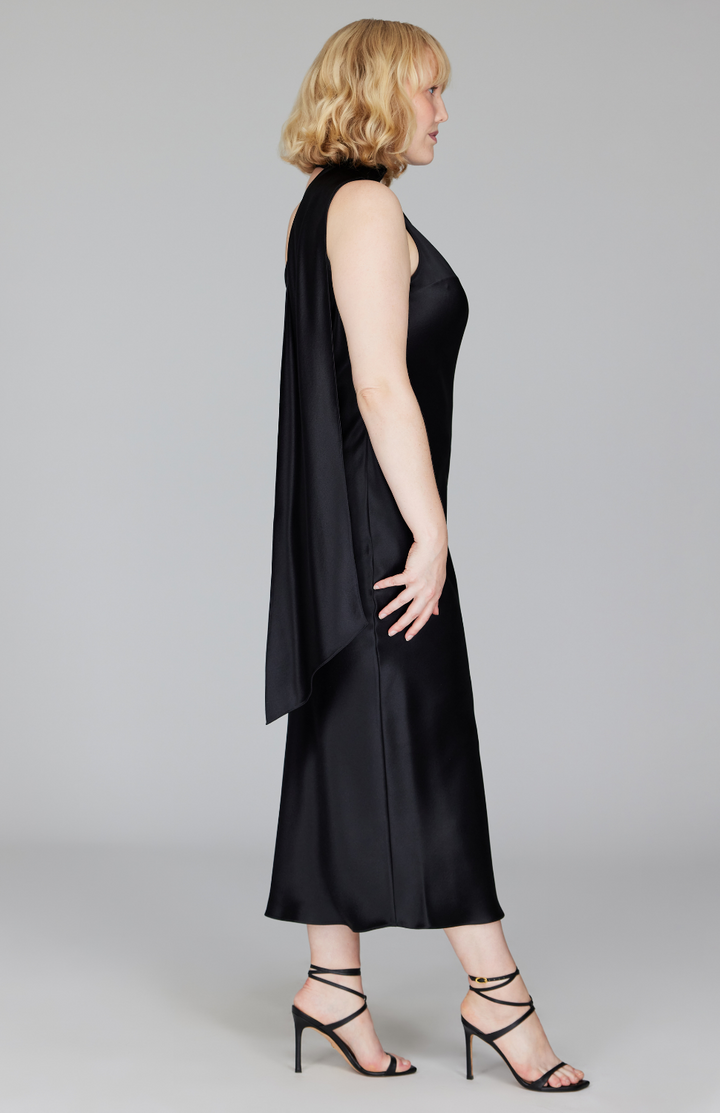 Satin One Shoulder Bias Dress w/ Scarf