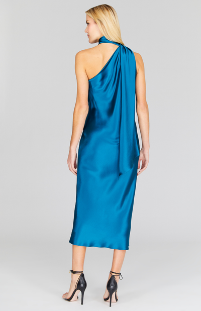 Satin One Shoulder Bias Dress w/ Scarf